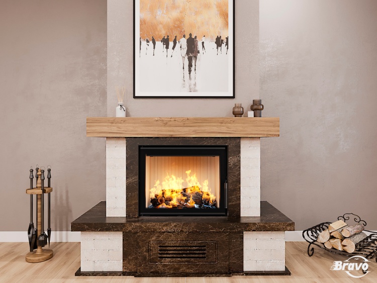 Портал для камина Bravo Верона Rosso Asiago мрамор + плитка Travertine красный/бежевый прямой n1