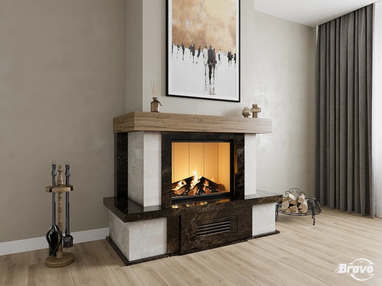 Портал для камина Bravo Верона Rosso Asiago мрамор + плитка Travertine красный/бежевый угловой n5